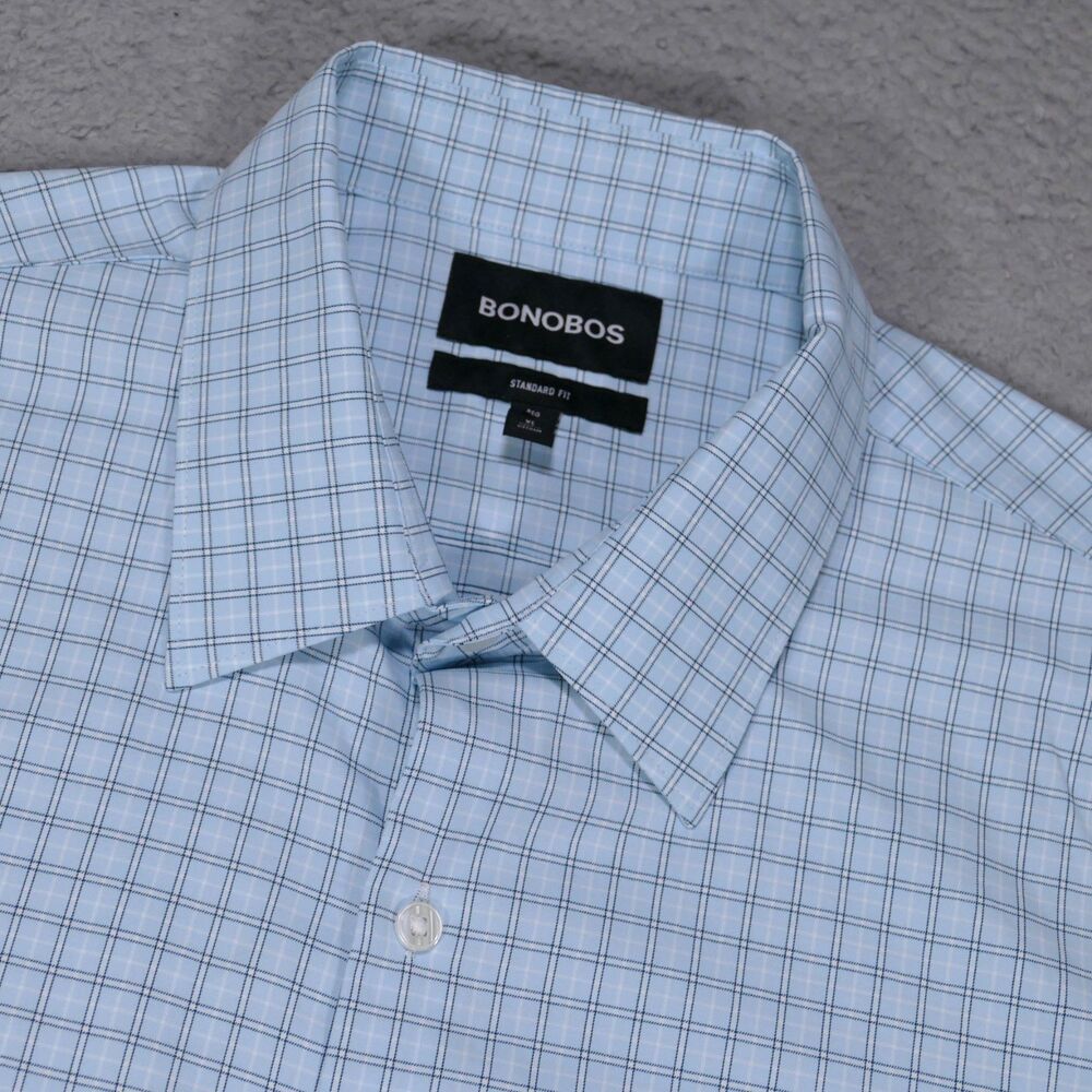Bonobos Stretch Shirt Men XL Standard Fit Blue Plaid Button Long Sleeve Nylon
